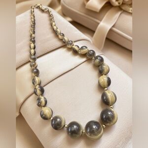Vintage Gray Cream Tan Round Beaded Necklace Statement Fashion Cocktail